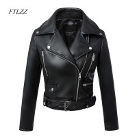 FTLZZ 2019 New Fashion Women Autumn Winter Black Faux Leather Jackets Zipper Basic Coat Turn-down Collar Biker Jacket With Blet